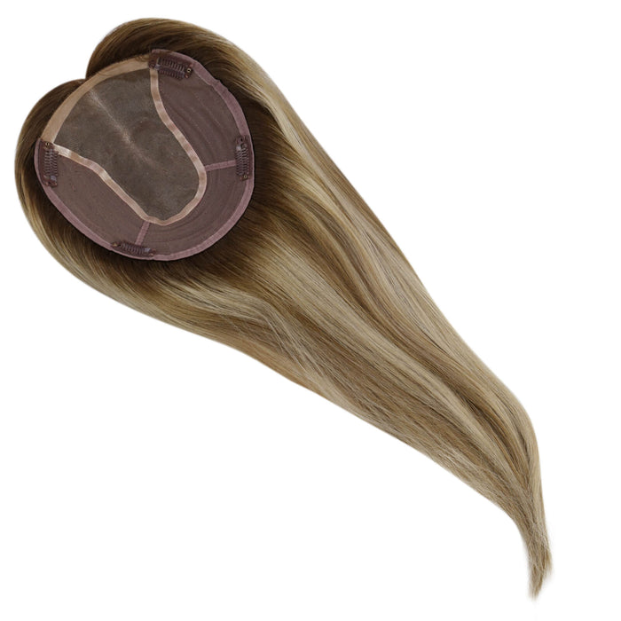 high quality virgin hair extensions,hair topper women,hair topper wig,hair topper silk base,hair topper human hair,hair topper for women,hair topper for thinning crown,hair topper,clip on hair topper,dark brown hair topper,human hair topper medium brown,balayage hair topper,distribute seams at will,invisible topper,large base topper,large base 6*7 inch,easy remove,easy wear