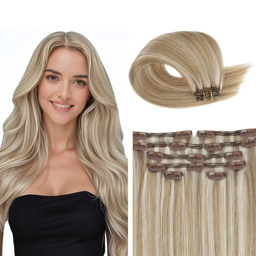 Clip-in hair extensions, Remy human hair, light brown to light blonde blend, long and voluminous, easy to attach, reusable, straight, wavy, natural-looking, seamless, salon-quality, hair length extensions, temporary hair lengthening, thickening, hair styling, DIY hairstyle, premium hair extensions, lightweight and comfortable.