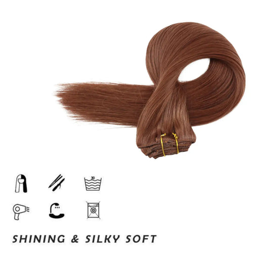Clip-in hair extensions, Remy human hair, light brown to light blonde blend, long and voluminous, easy to attach, reusable, straight, wavy, natural-looking, seamless, salon-quality, hair length extensions, temporary hair lengthening, thickening, hair styling, DIY hairstyle, premium hair extensions, lightweight and comfortable.