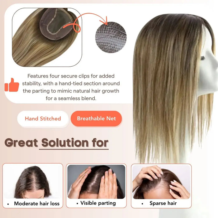 Virgin Hair Topper,hair extensions,clip in hair extensions,human hair extensions,hair extensions for thin hair,hair extensions clip in,best clip in hair extensions,best hair extensions for fine hair,Silk hair topper,mono topper hair,Mono topper,human hair topper,hair topper for thinning crown,hair topper,virgin hair extensions,brown hair topper,natural brown hair topper,blonde hair topper,platinum blonde hair topper,human hair topper blonde,blonde human hair topper,balayage hair topper,easy remove,easy wear