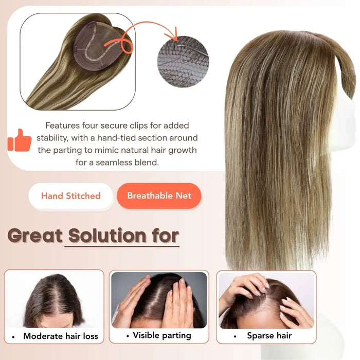 Virgin Hair Topper,hair extensions,clip in hair extensions,human hair extensions,hair extensions for thin hair,best clip in hair extensions,best hair extensions for fine hair,Silk hair topper,mono topper hair,Mono topper,human hair topper,hair topper for thinning crown,hair topper,virgin hair extensions,natural blonde hair topper,blonde hair topper,balayage blonde with brown topper,human hair topper blonde,blonde human hair topper,balayage hair topper,distribute seams at will,invisible topper,large base top