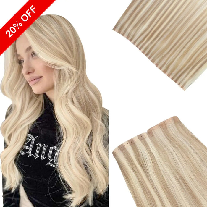Virgin Hair Weft Extension Invisible Hole PU Flat Weft Double Drawn with Light Pink Blonde #18/613