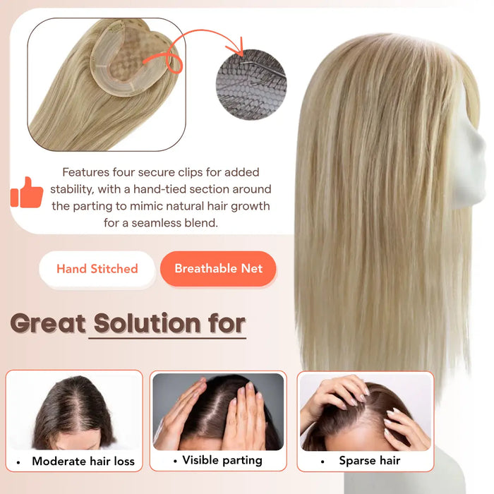 platinum blonde hair extension, real human hair topper, natural volume hairpiece, seamless clip in topper, high-quality human hair topper, full coverage hairpiece for thinning hair, realistic volume hair topper, breathable extension for fine hair, non-damaging hair topper, soft human hair topper, comfortable hair topper for thinning hair