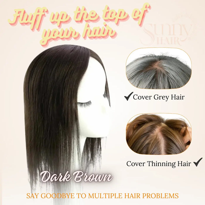 dark brown human hair topper, full coverage hair extension, clip in topper for thinning hair, fine hair topper for women, lightweight human hair topper, real human hair piece, hair loss solution for fine hair, seamless topper for fine hair, natural hair topper for women, thickening hairpiece for women, easy-to-apply hair extension, comfortable hair topper for women