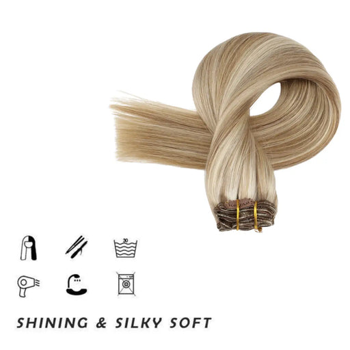 Clip-in hair extensions, Remy human hair, light brown to light blonde blend, long and voluminous, easy to attach, reusable, straight, wavy, natural-looking, seamless, salon-quality, hair length extensions, temporary hair lengthening, thickening, hair styling, DIY hairstyle, premium hair extensions, lightweight and comfortable.