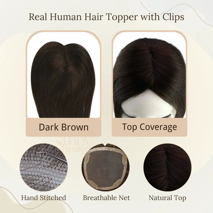 realistic dark brown topper, full coverage hairpiece, premium human hair topper, volume enhancing hair topper, hair topper for thinning and fine hair, human hairpiece for fine hair, natural look topper for thinning hair, high-quality topper for fine hair, comfortable clip-in hair topper, breathable hair topper for women, seamless blending topper, fine hair volume solution