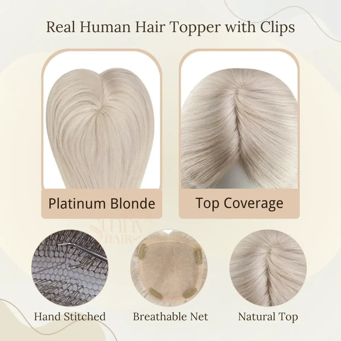 human hair topper for women, platinum blonde clip in topper, volume boosting hairpiece, natural looking hair topper, lightweight human hair topper, hair extension for thinning hair, full coverage hair topper, non-slip hair topper, premium quality hairpiece, comfortable hair topper for fine hair, breathable topper for women, easy styling hair extension