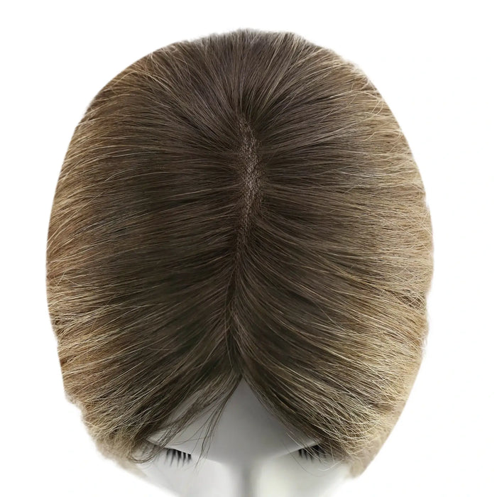Mono Topper,human hair topper,high-quality virgin hair extensions,hair topper women,hair topper,wig,hair topper silk base,hair topper human hair,dark brown hair topper,brown hair topper,natural brown hair topper,human hair topper medium brown,blonde hair topper,balayage hair topper,distribute seams at will,invisible topper,large base topper,large base 6*7 inch,easy remove,easy wear