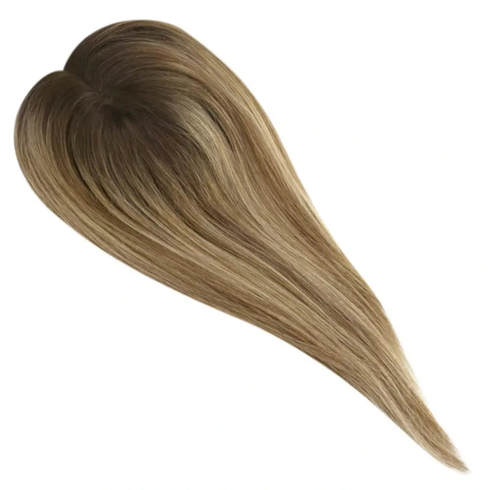 Mono Topper,human hair topper,high-quality virgin hair extensions,hair topper women,hair topper,wig,hair topper silk base,hair topper human hair,dark brown hair topper,brown hair topper,natural brown hair topper,human hair topper medium brown,blonde hair topper,balayage hair topper,distribute seams at will,invisible topper,large base topper,large base 6*7 inch,easy remove,easy wear