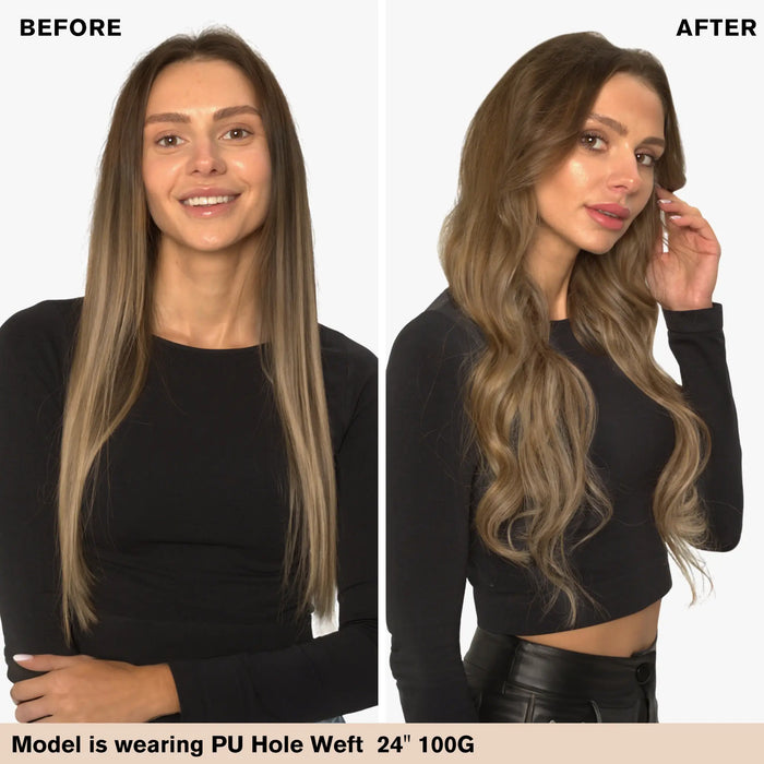 Weft Extension Virgin Hair Invisible Hole PU Flat Weft Balayage Brown #4/27/4