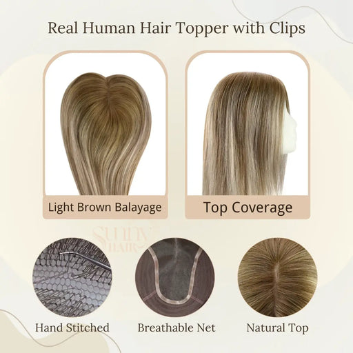 virgin hair toppers, thinning hair solutions, light brown balayage, natural look, hair loss coverage, non-shedding, seamless blend, full coverage, salon-quality hair, easy to style, high-density hair, comfortable fit, realistic appearance