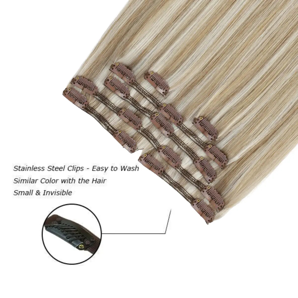 Clip-in hair extensions, Remy human hair, light brown to light blonde blend, long and voluminous, easy to attach, reusable, straight, wavy, natural-looking, seamless, salon-quality, hair length extensions, temporary hair lengthening, thickening, hair styling, DIY hairstyle, premium hair extensions, lightweight and comfortable.