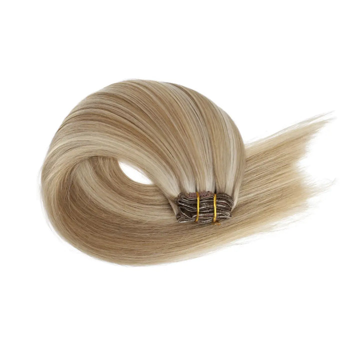 Clip-in hair extensions, Remy human hair, light brown to light blonde blend, long and voluminous, easy to attach, reusable, straight, wavy, natural-looking, seamless, salon-quality, hair length extensions, temporary hair lengthening, thickening, hair styling, DIY hairstyle, premium hair extensions, lightweight and comfortable.
