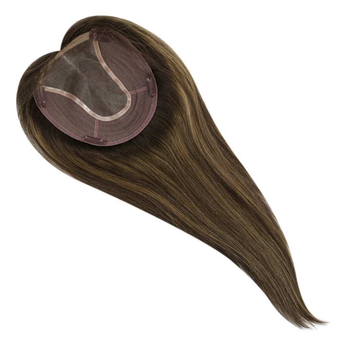 high quality virgin hair extensions,hair topper women,hair topper wig,hair topper silk base,hair topper human hair,hair topper for women,hair topper for thinning crown,hair topper,clip on hair topper,dark brown hair topper,human hair topper medium brown,balayage hair topper,brown highlight,blonde highlight,distribute seams at will,large base 6*7 inch