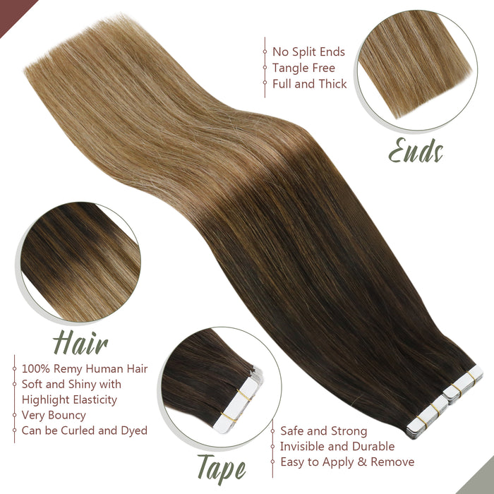 [50% OFF] Sunny Hair Tape in Balayage Brown Highlights Human Hair Extensions #2/6/18