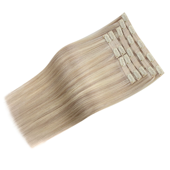 Virgin Human Hair Clip in Hair Extensions Blonde Highlights for Thin Hair #18/613