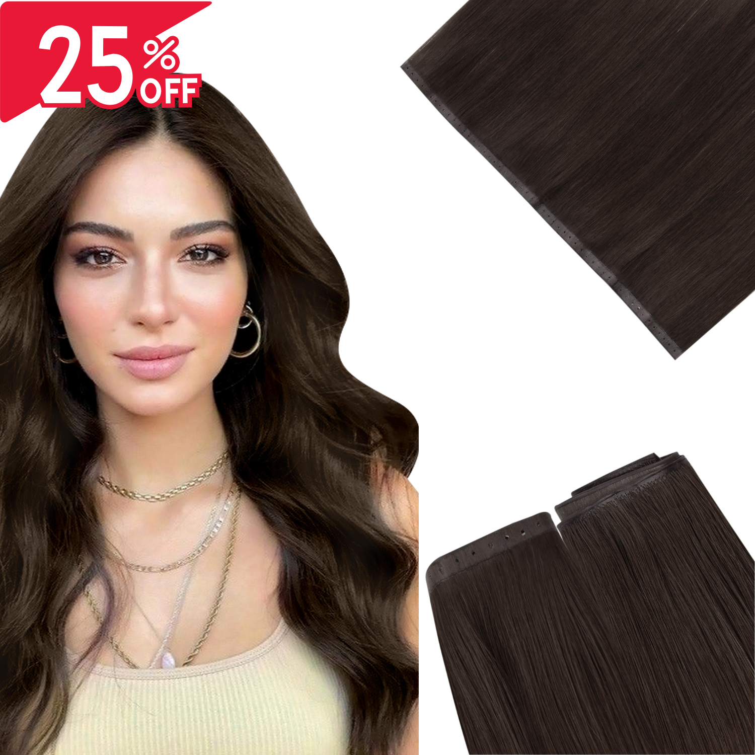 Virgin Weft Hair Extension Invisible Hole PU Flat Weft Dark Brown Hair Weft # 2