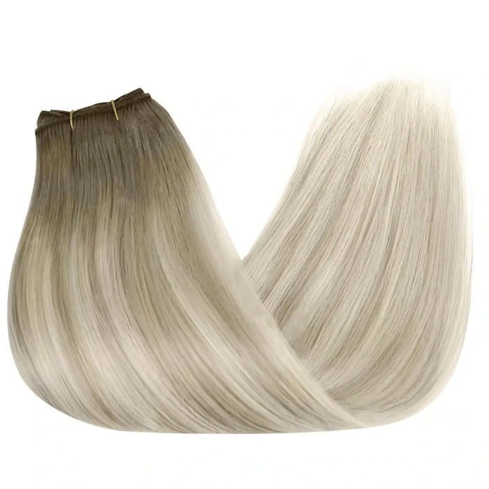 High-quality human hair weft extensions in multiple shades, perfect for adding volume and length