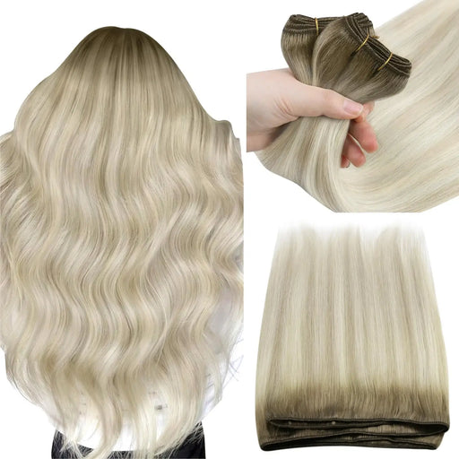 High-quality human hair weft extensions in multiple shades, perfect for adding volume and length