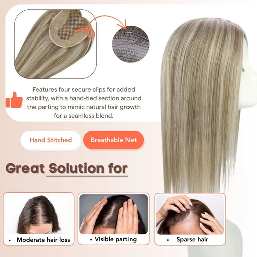Virgin Hair Topper， Sunny Hair Topper,Silk hair topper,mono topper hair,Mono Topper,human hair topper,high quality virgin hair extensions,hair topper women,hair topper wig,hair topper silk base,hair topper human hair,hair topper for women,light brown hair topper,platinum blonde hair topper,blonde human hair topper,balayage hair topper