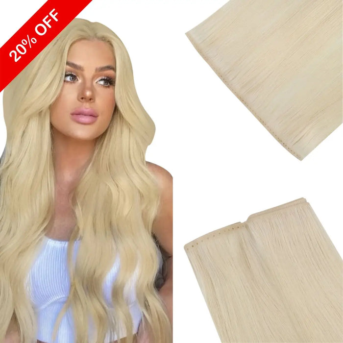 [NEW]Weft Hair Extension Invisible Hole PU Flat Virgin Hair Weft Double Drawn# 60