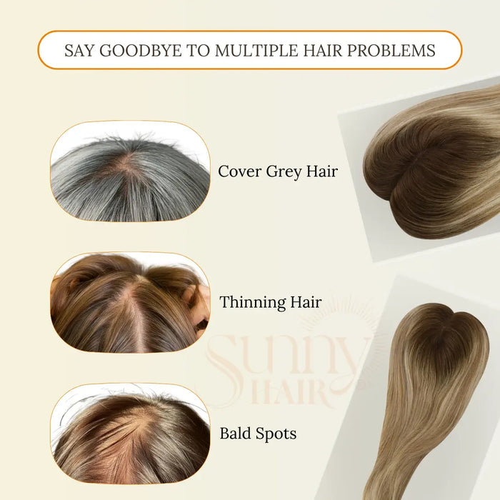 hair topper for thinning hair, virgin hair extensions, brown to blorade balayage, clip-in hair pieces, voluminous hair topper, hair pieces for women, natural hair topper, fuller hair topper, seamless hair extension, topper for thinning crown, premium hairtopper