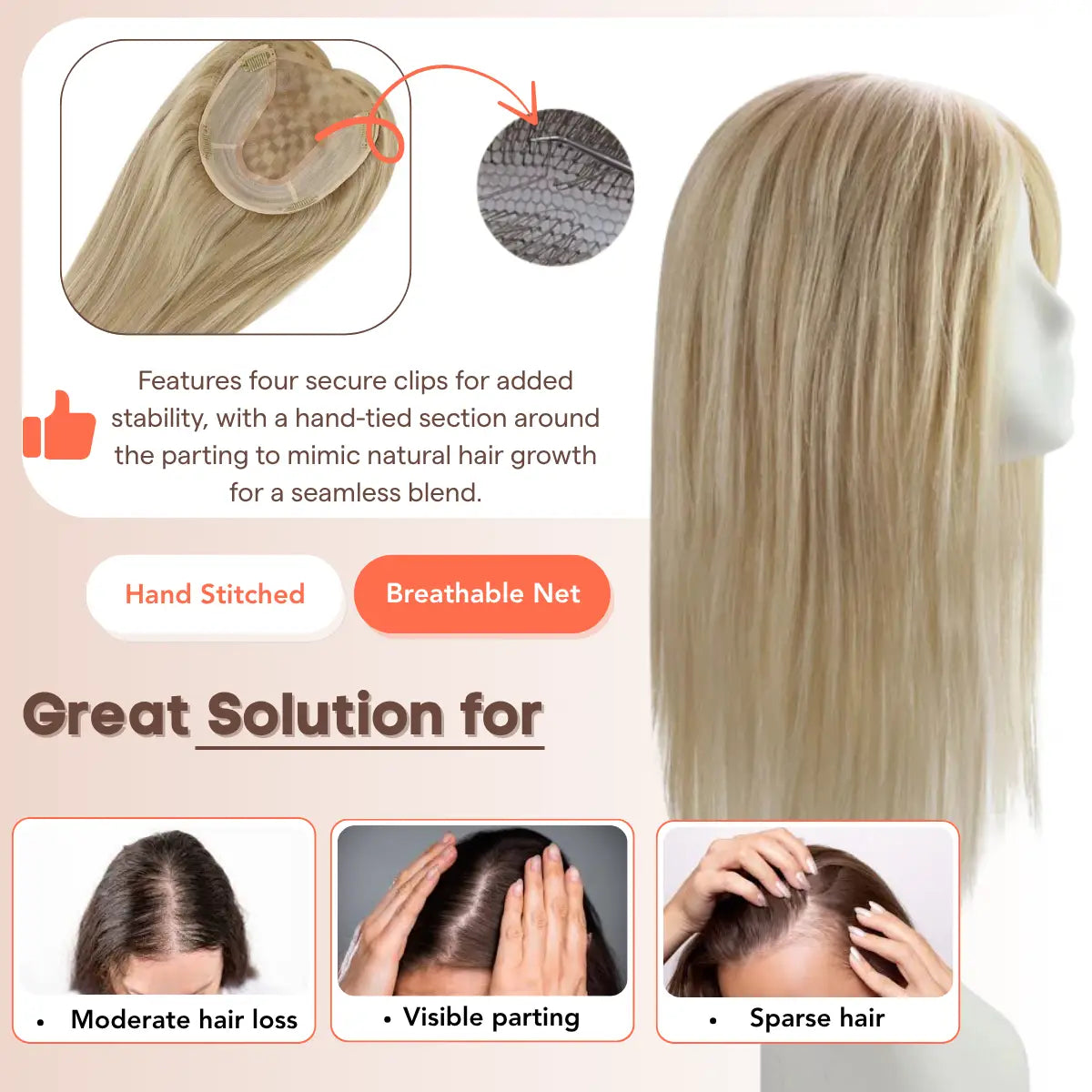 platinum blonde hair extension, real human hair topper, natural volume hairpiece, seamless clip in topper, high-quality human hair topper, full coverage hairpiece for thinning hair, realistic volume hair topper, breathable extension for fine hair, non-damaging hair topper, soft human hair topper, comfortable hair topper for thinning hair