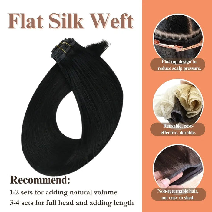 Flat Silk Weft Hair Extensions 100% Virgin Human Hair Bundles Jet Black #1