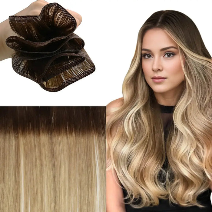 Flat Silk Weft Hair Extensions Virgin Human Hair Balayage Brown with Blonde #3/8/22