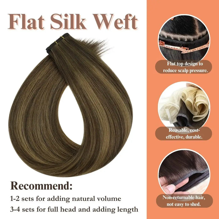 Flat Silk Weft Hair Extensions 100% Virgin Human Hair with Balayage Brown #BM