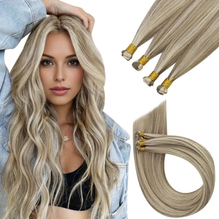 Hand Tied Wefts 100% Virgin Human Hair Extensions with Blonde Highlights #P8/60