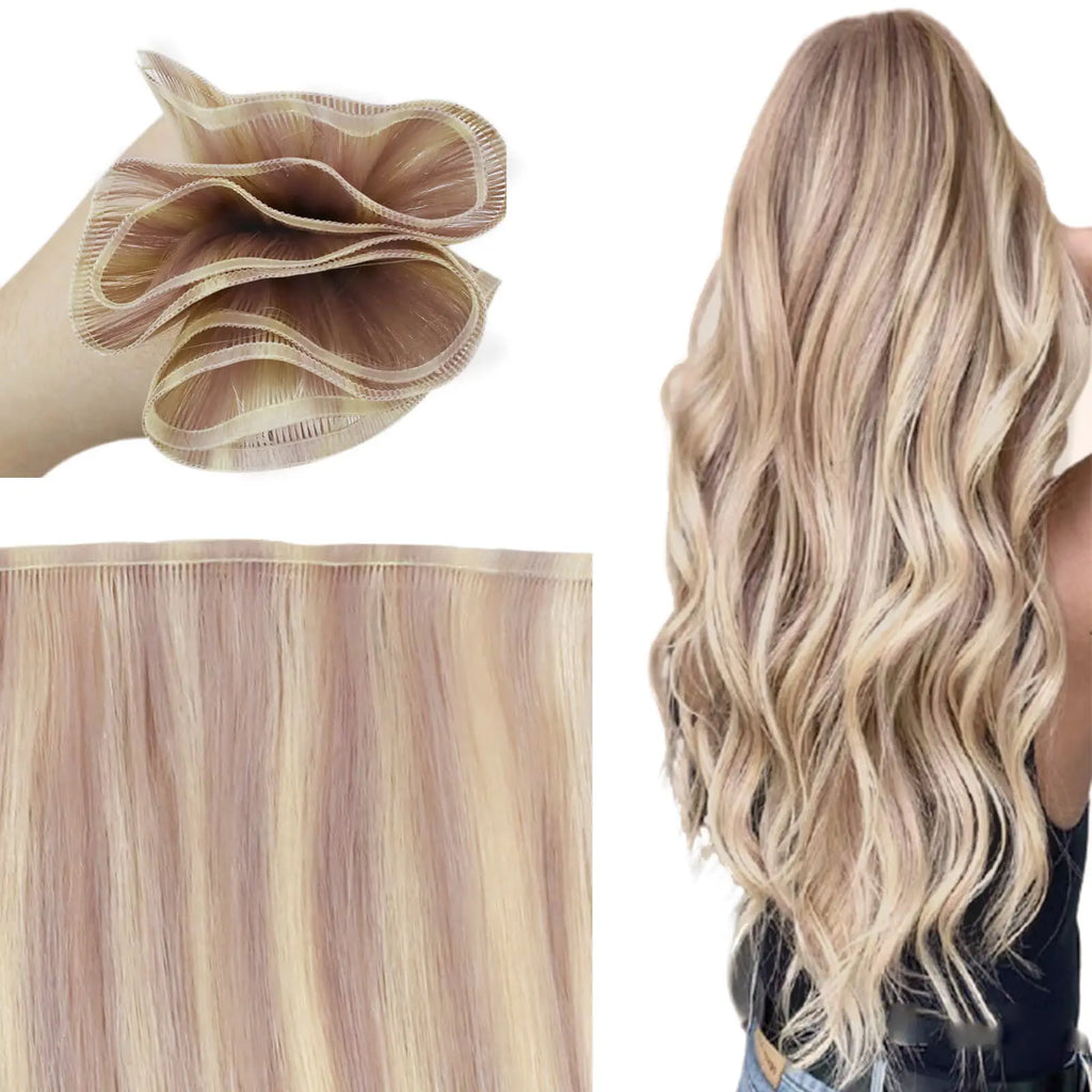 Flat Silk Weft Hair Extensions 100% Virgin Human Hair with Rose Gold #18/613