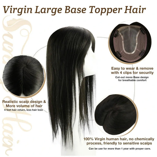 100% human hair topper,high quality virgin hair extensions,hair topper women,hair topper wig,hair topper silk base,hair topper human hair,hair topper for women,hair topper for thinning crown,hair topper,clip on hair topper,Best Hair Topper with Clips,easy disassembly,easy remove,easy wear,easy installation,sensitive skin friendly,big base topper hair,6*7 inch topper hair,Hair Volumizers,Clip-In Hair Volumizers