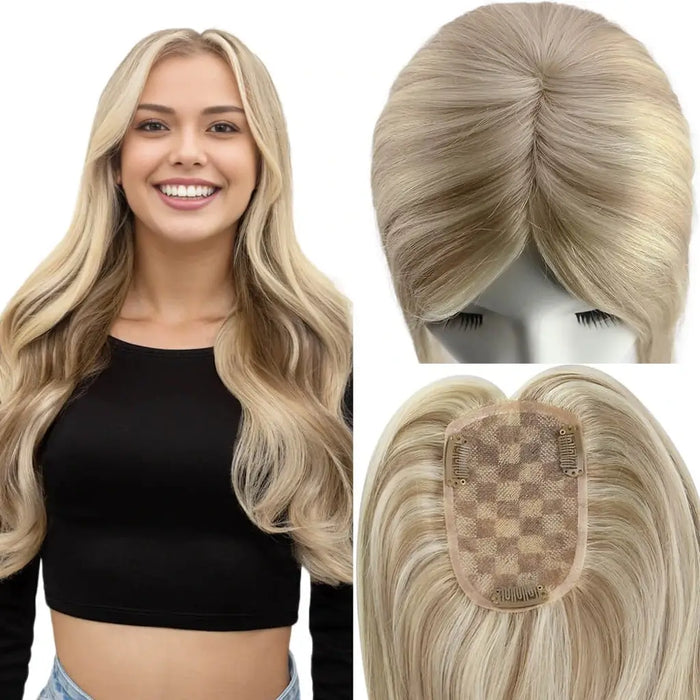 Highlight Blonde Mono Topper Human Hair Piece with Light Pink Gold and Clips #18/613