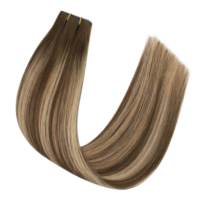 Weft Extension Virgin Hair Invisible Hole PU Flat Weft Balayage Brown #4/27/4