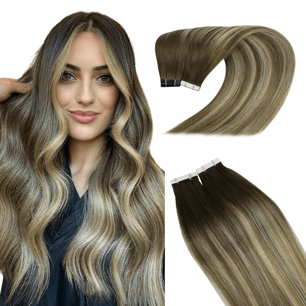 Virgin Hair Tape Hair Extensions Balayage Brown and Blonde Highlights