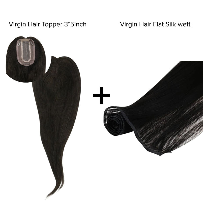 [Bundle] Virgin Hair Topper3*5inch #1B + Flat Silk Weft Natural Black #1B