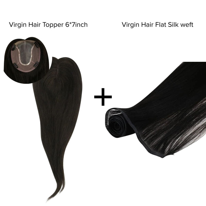 [Bundle] Virgin Hair Topper6*7inch #1B + Flat Silk Weft Natural Black #1B