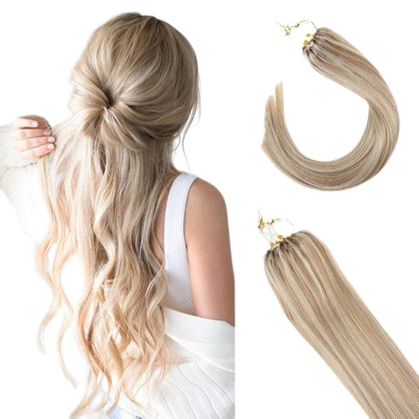 GetUSCart- Micro Ring Remy Human Hair Extensions,Ugeat Micro Beads Hair  Extensions Human Hair 24 Inch Micro Loop Human Hair Extensions Ash Blonde  Highlight with Blonde Extensions #P18/613 50G/Pack