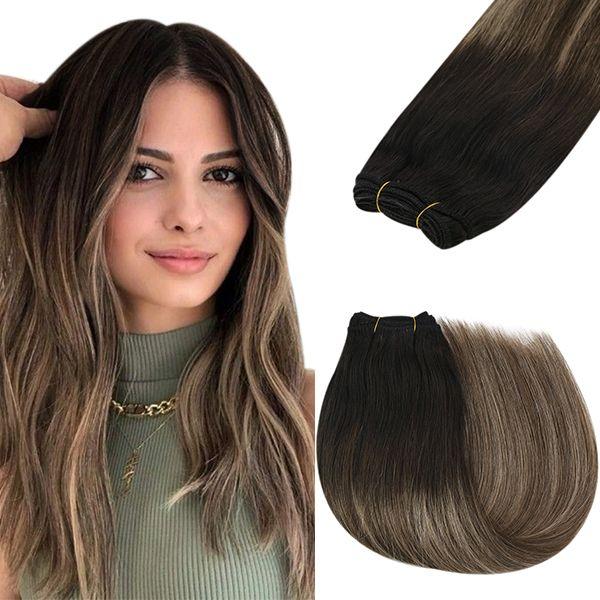Sunny Sew in Hair Extensions Human Hair Natural Black Ombre Dark Brown with  Ash Brown 22 inch Hair Weft Remy Bundles 100g