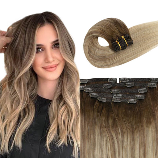 Clip in Human Hair Extensions Remy Hair Blonde Balayage #3/8/22 — SunnyHair
