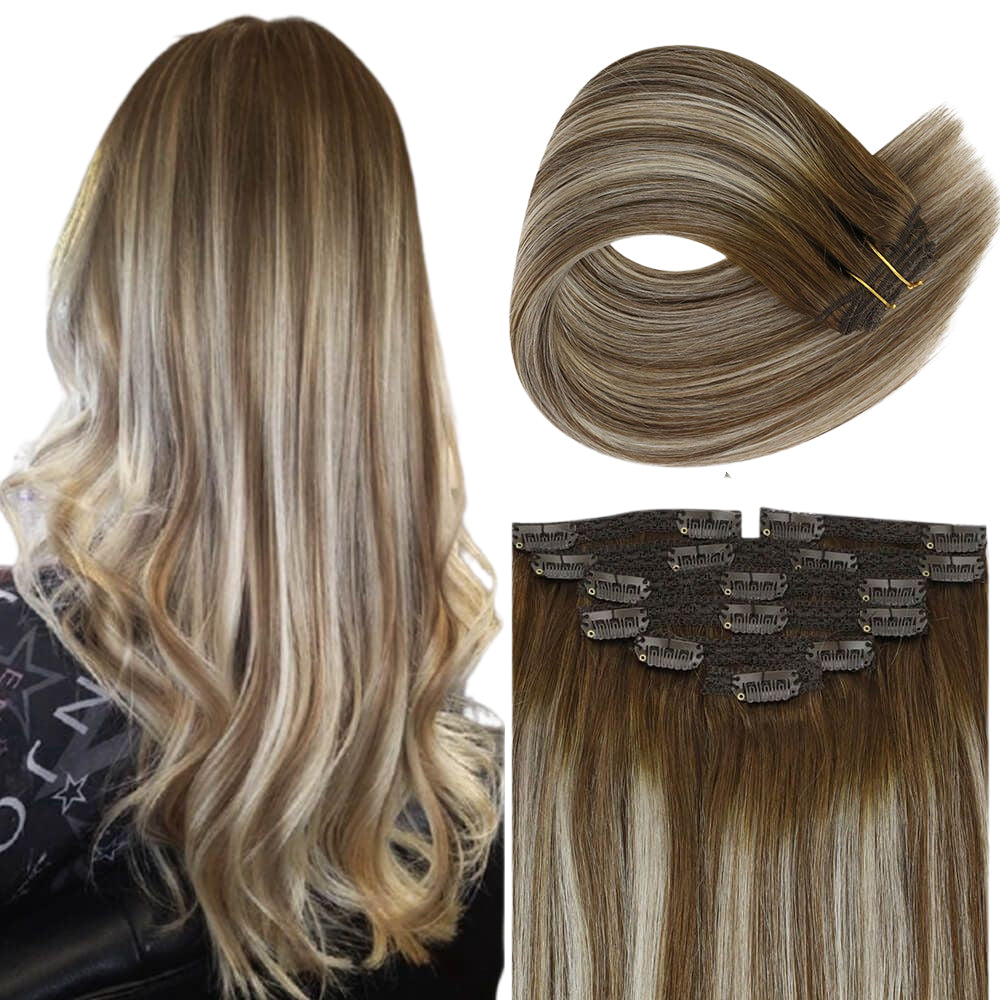 Clip in Human Hair Extensions Clip in Extensions Balayage Color#4/27, 14 / Brown with Blonde / Straight Clip