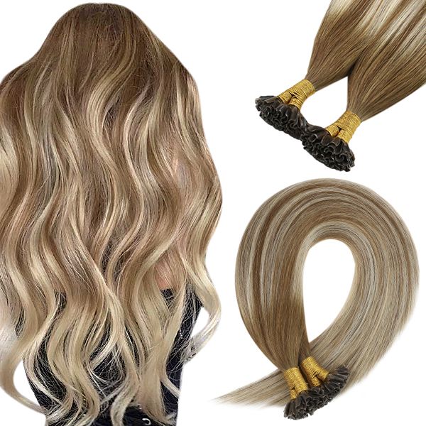 U Tip Human Hair Extensions Balayage Brown with Blonde Highlights #6/60/6