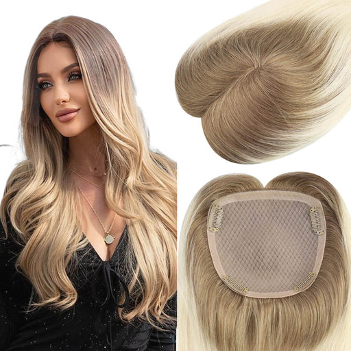 Balayage Blonde Mono Topper Human Hair Piece Toupee with Clips#t10/613, 12 / 13*13cm / Blonde