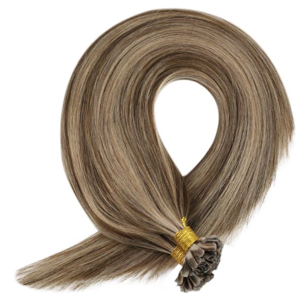 U Tip Human Hair Extensions Brown with Caramel Blonde Highlights #4/27